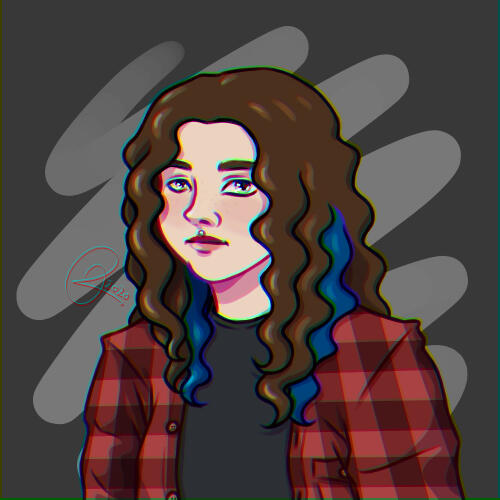 a self portrait; fair skin, curly hair, brown with blue underside; black t-shirt, red flannel